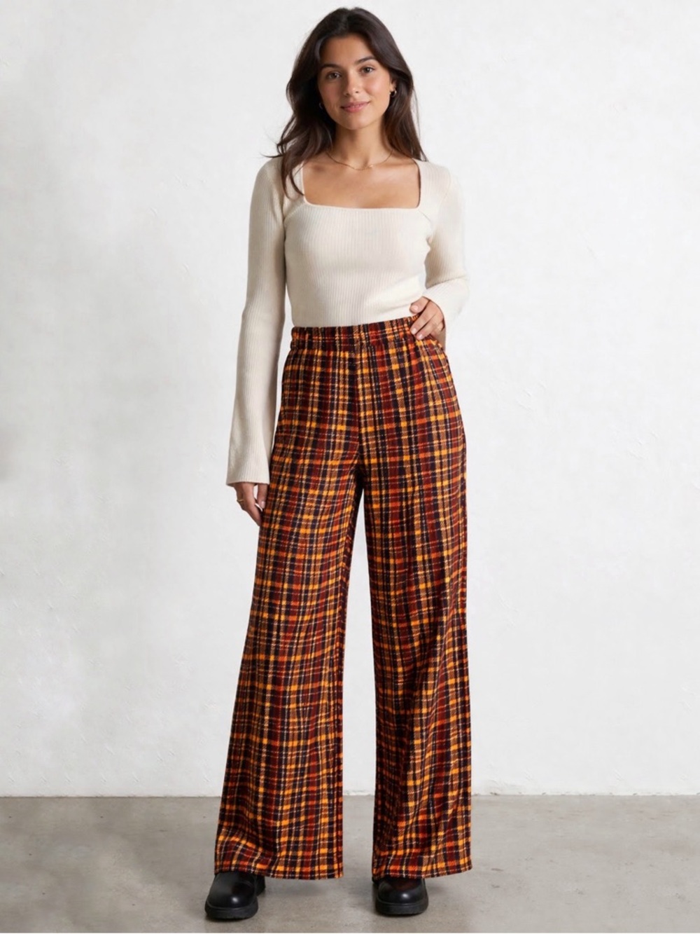 PrettyLittleThing Autumn Orange Plaid Pants w/ High Waist & Wide Leg US 2